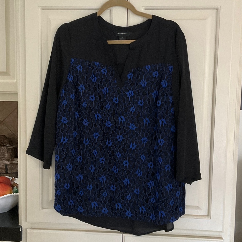 Investments Black and Blue Floral Design Top